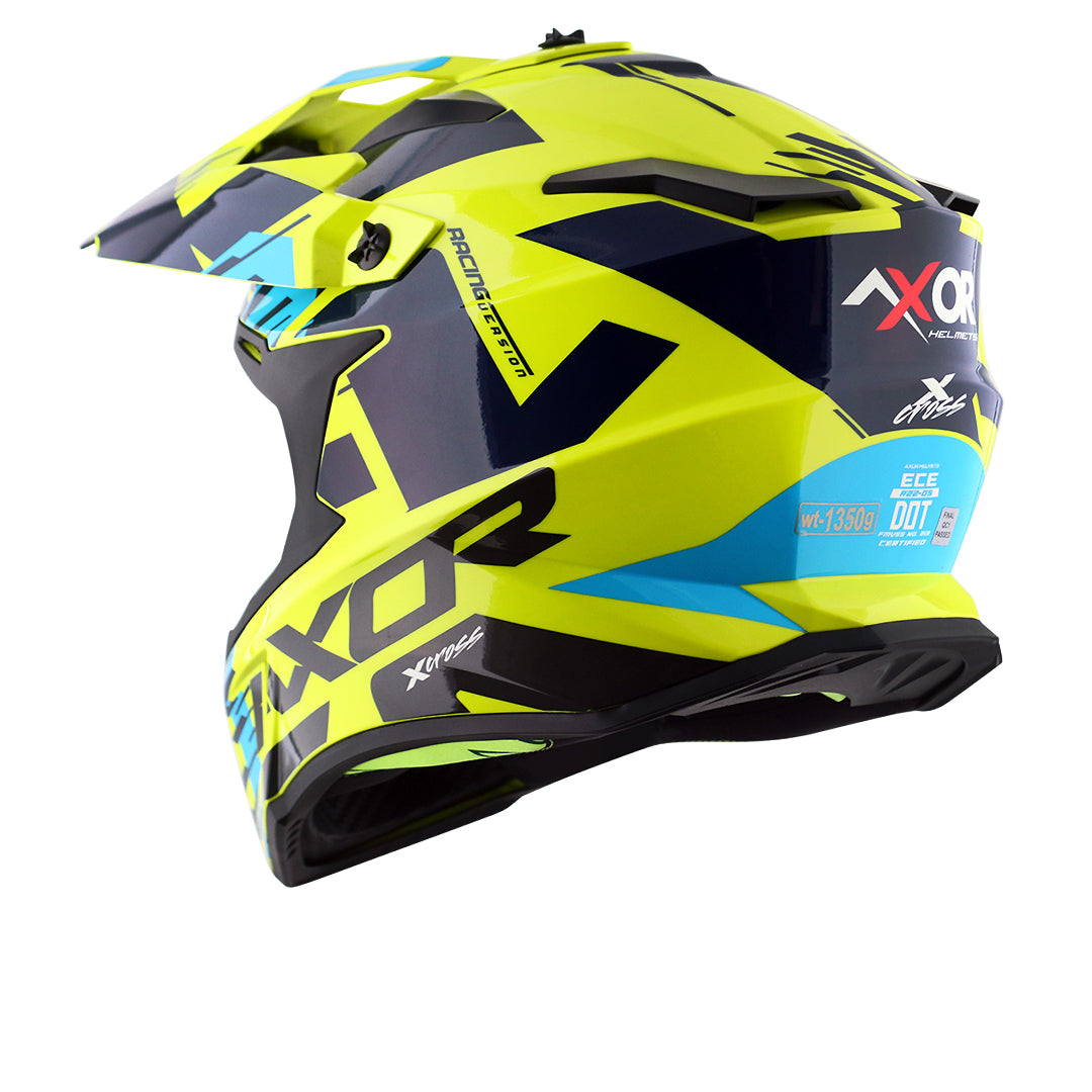 Motorcycle adv / off-road / motocross helmet neon yellow blue with black graphic adjustable peak