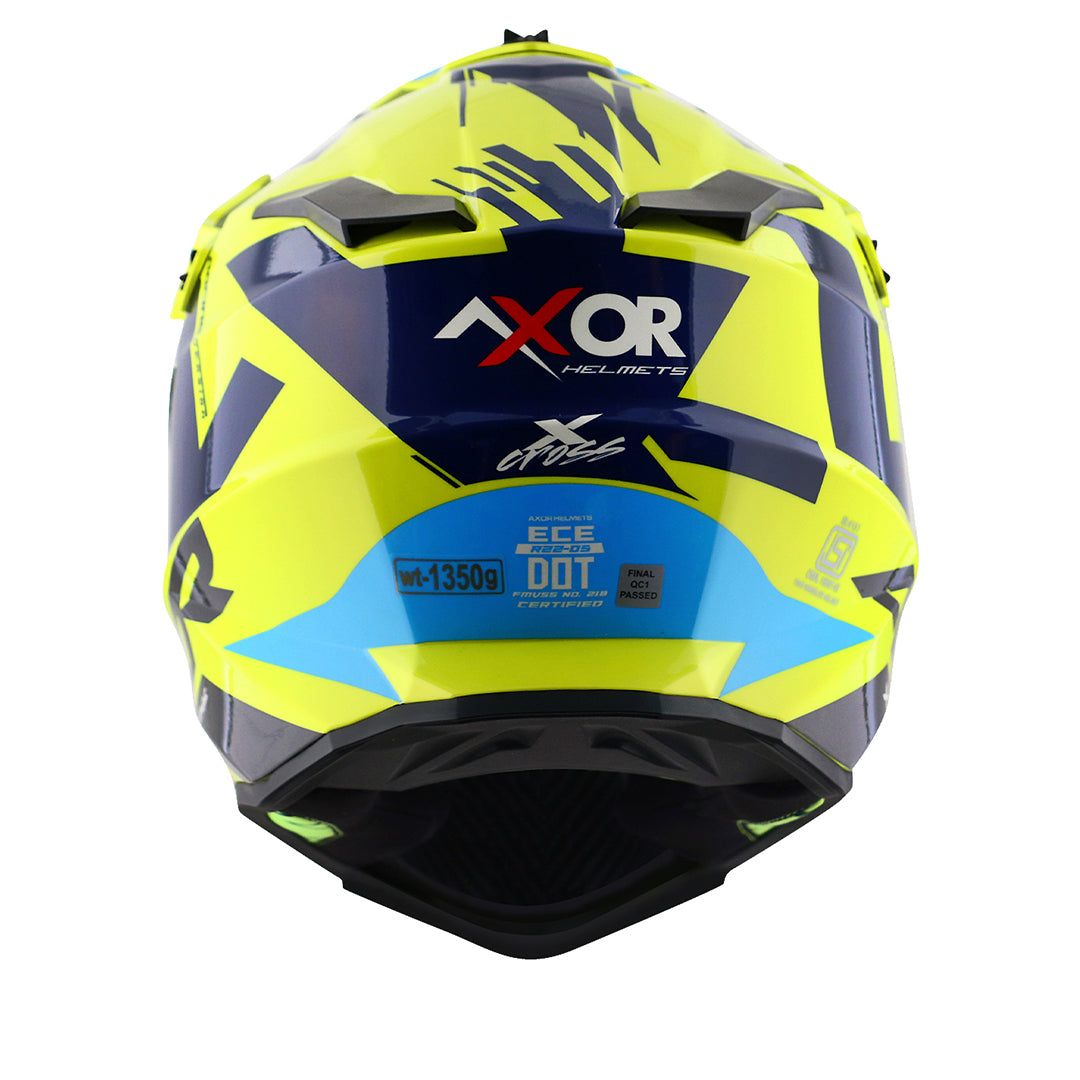Motorcycle adv / off-road / motocross helmet neon yellow blue with black graphic adjustable peak