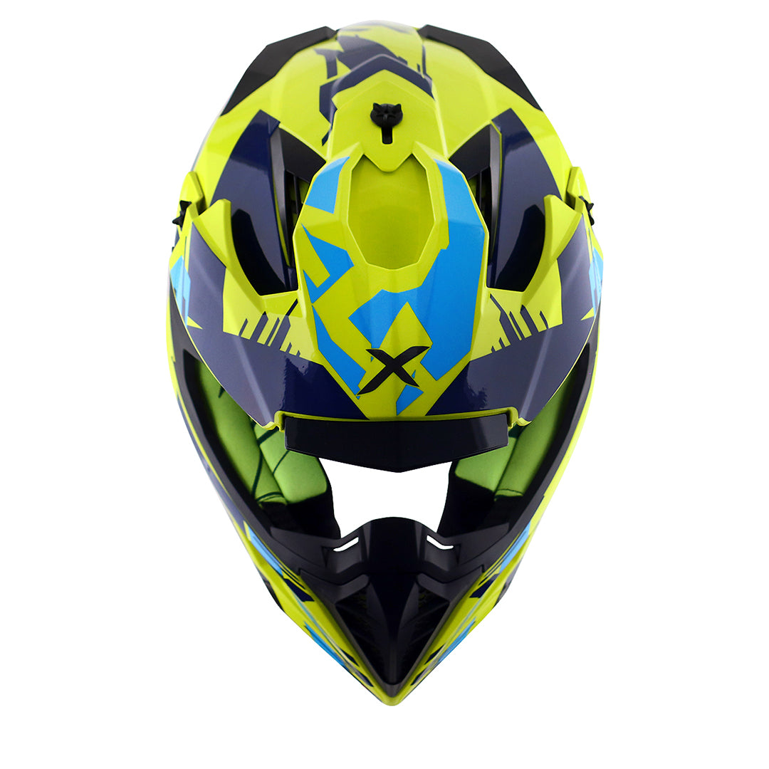Motorcycle adv / off-road / motocross helmet neon yellow blue with black graphic adjustable peak