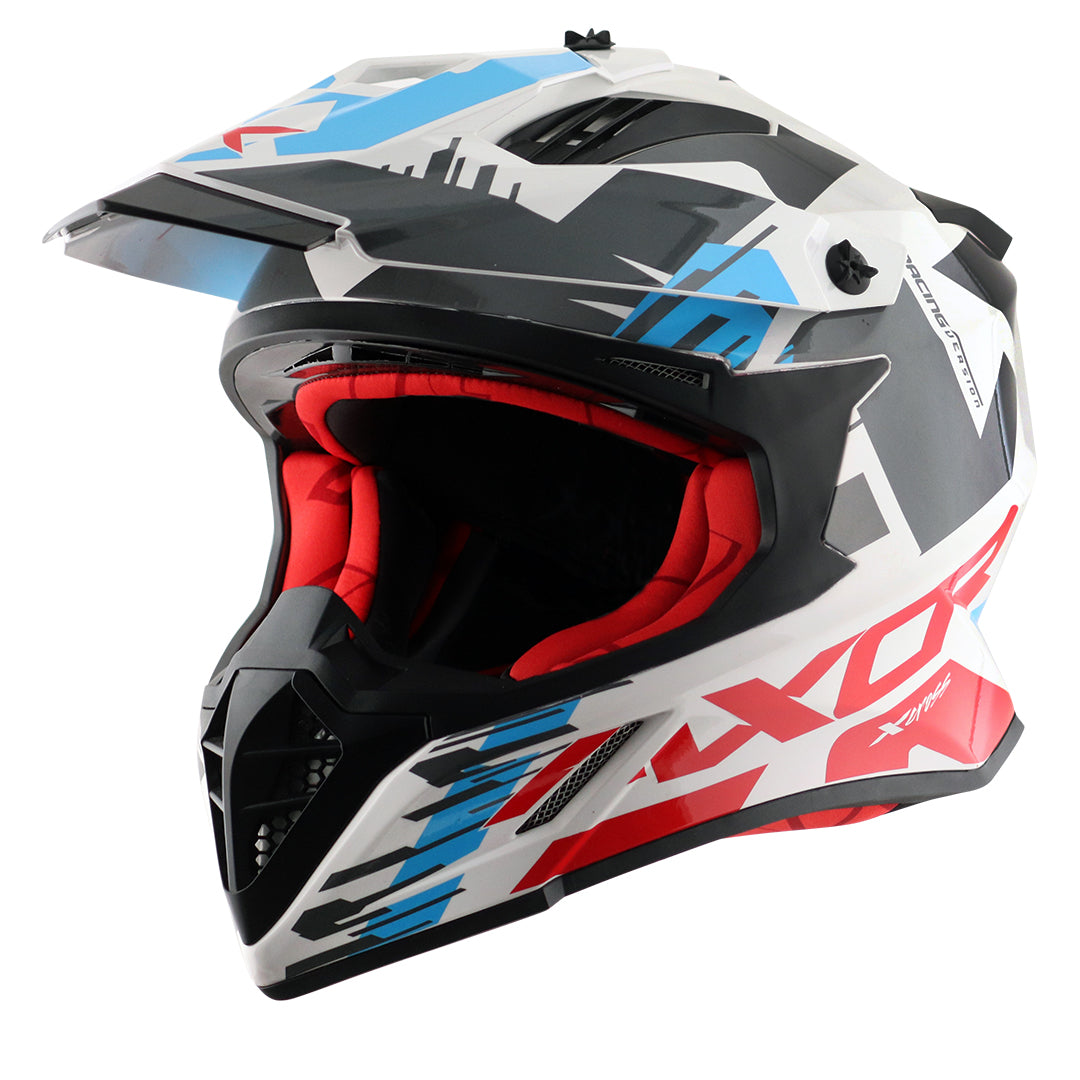 Motorcycle adv / off-road / motocross helmet white red blue with black graphic adjustable peak