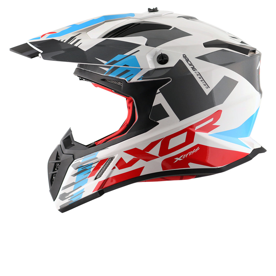 Motorcycle adv / off-road / motocross helmet white red blue with black graphic adjustable peak