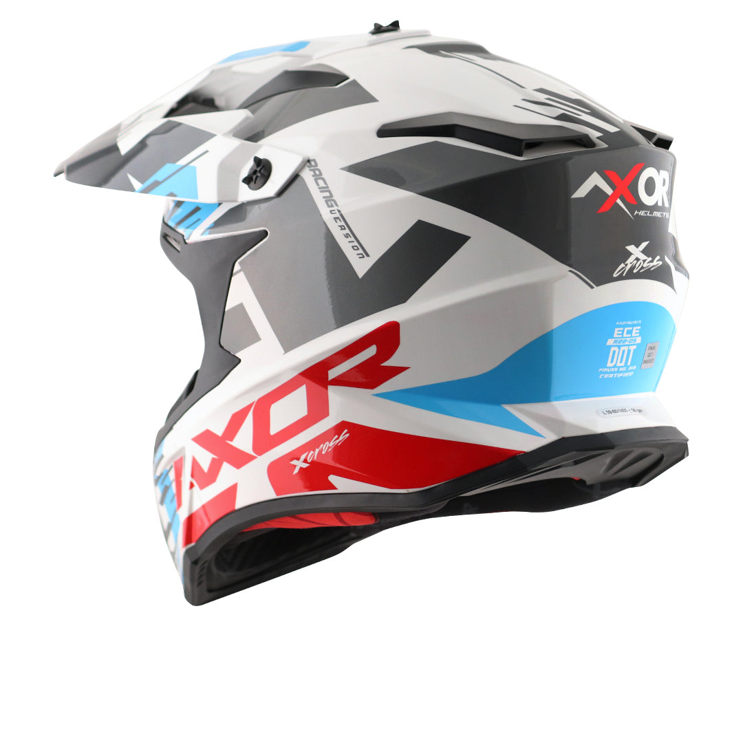 Motorcycle adv / off-road / motocross helmet white red blue with black graphic adjustable peak