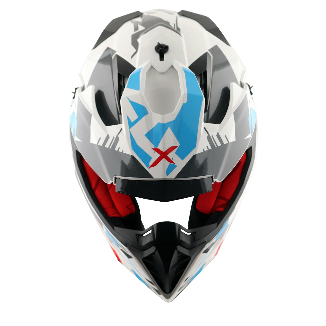 Motorcycle adv / off-road / motocross helmet white red blue with black graphic adjustable peak