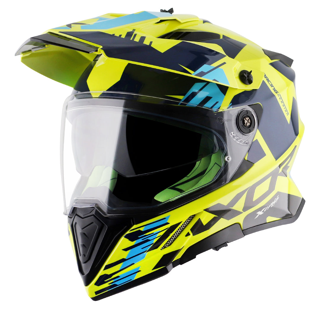 Motorcycle adv / motocross helmet neon yellow blue dual visor removable peak pinlock 70