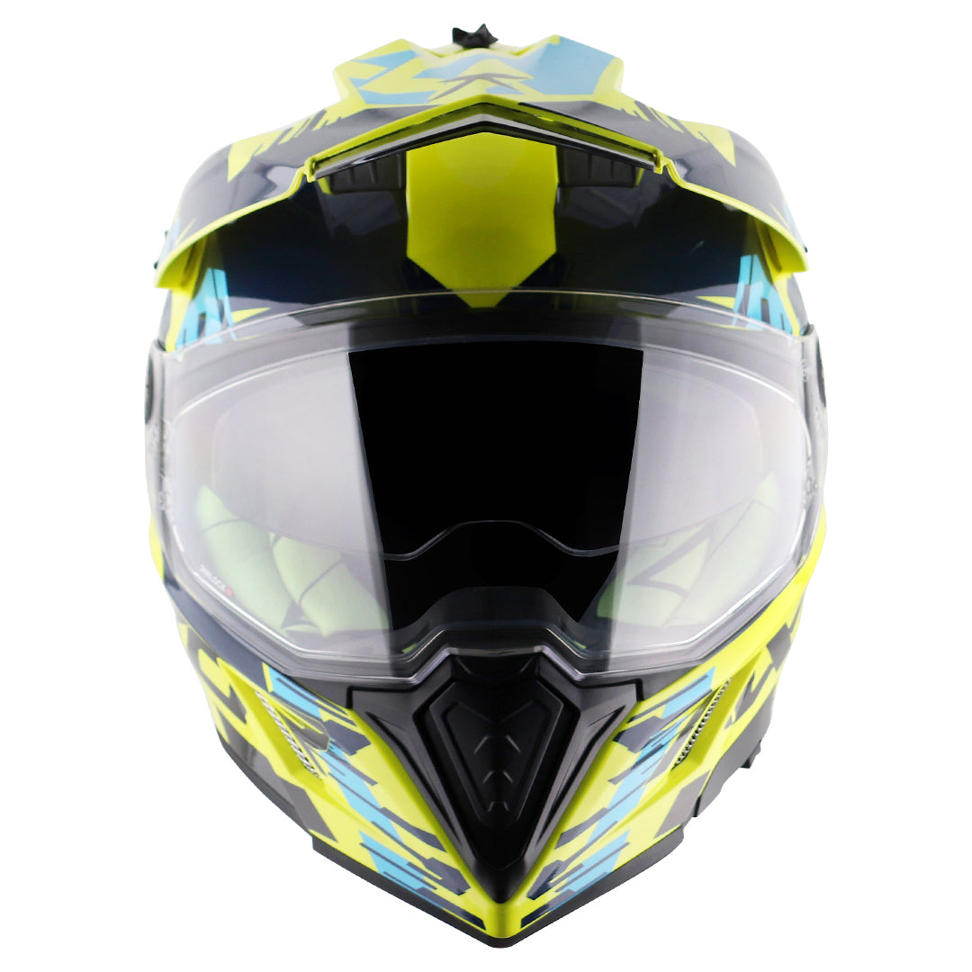 Motorcycle adv / motocross helmet neon yellow blue dual visor removable peak pinlock 70