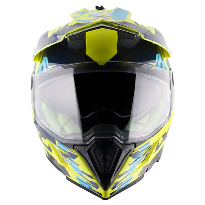 Motorcycle adv / motocross helmet neon yellow blue dual visor removable peak pinlock 70