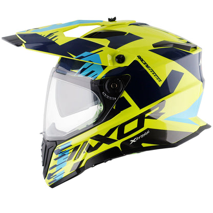 Motorcycle adv / motocross helmet neon yellow blue dual visor removable peak pinlock 70