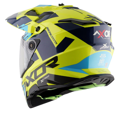 Motorcycle adv / motocross helmet neon yellow blue dual visor removable peak pinlock 70