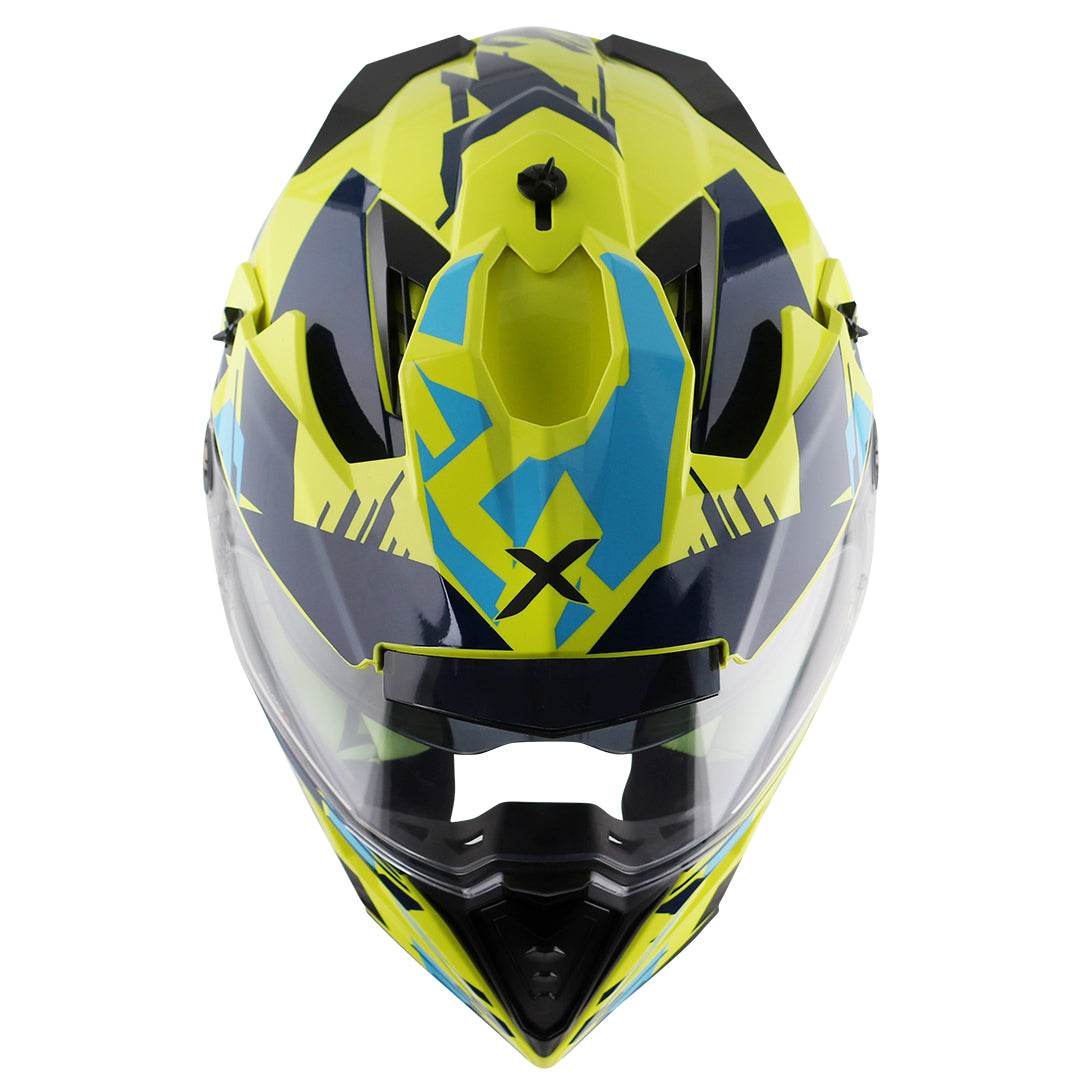 Motorcycle adv / motocross helmet neon yellow blue dual visor removable peak pinlock 70