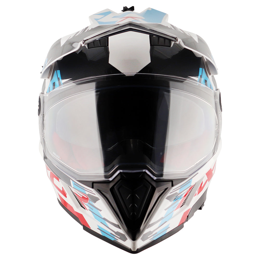 Motorcycle adv / motocross helmet white blue red dual visor removable peak pinlock 70