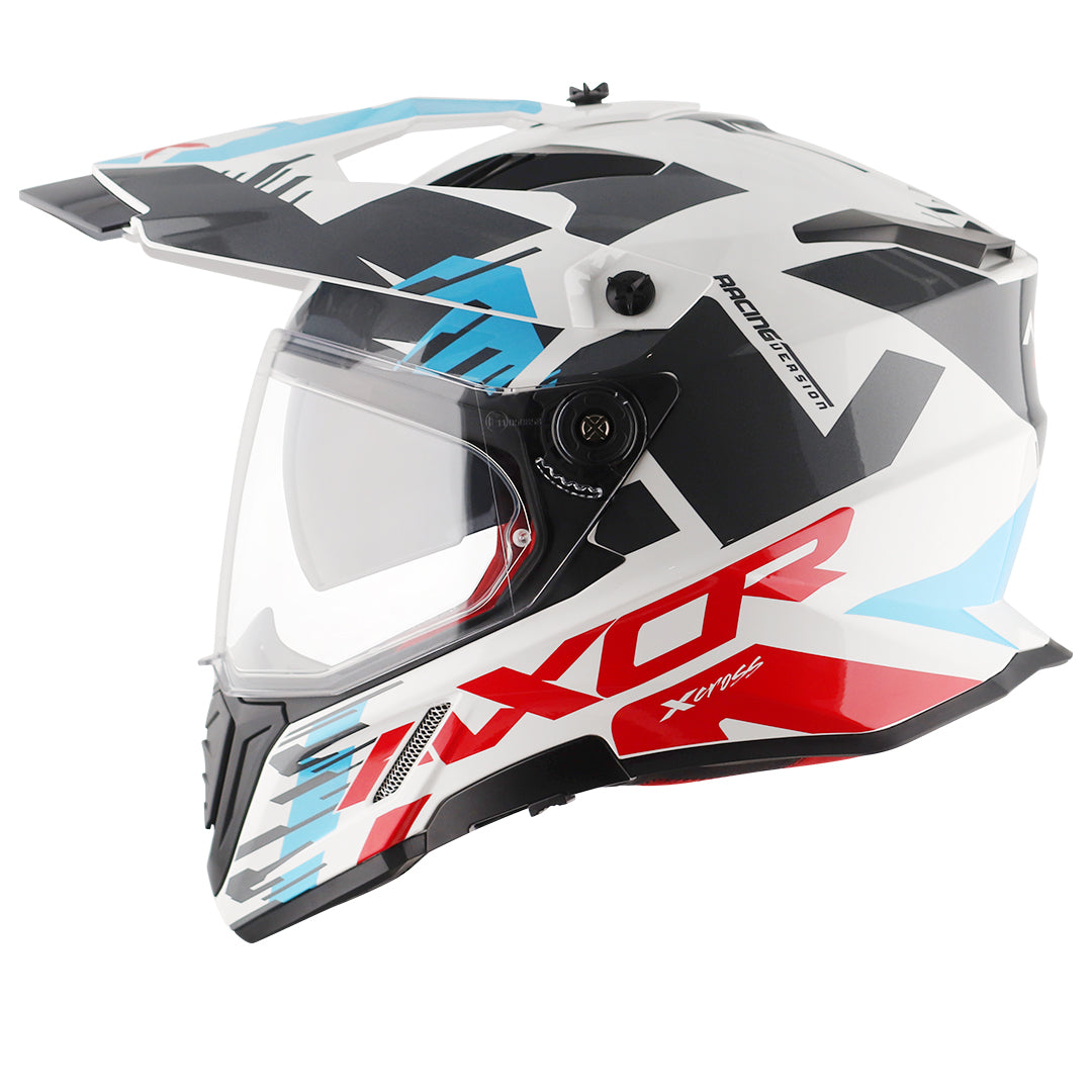 Motorcycle adv / motocross helmet white blue red dual visor removable peak pinlock 70