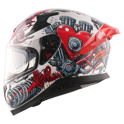 Motorcycle white black red full face helmet engine with heart blood vessel along suspension graphic