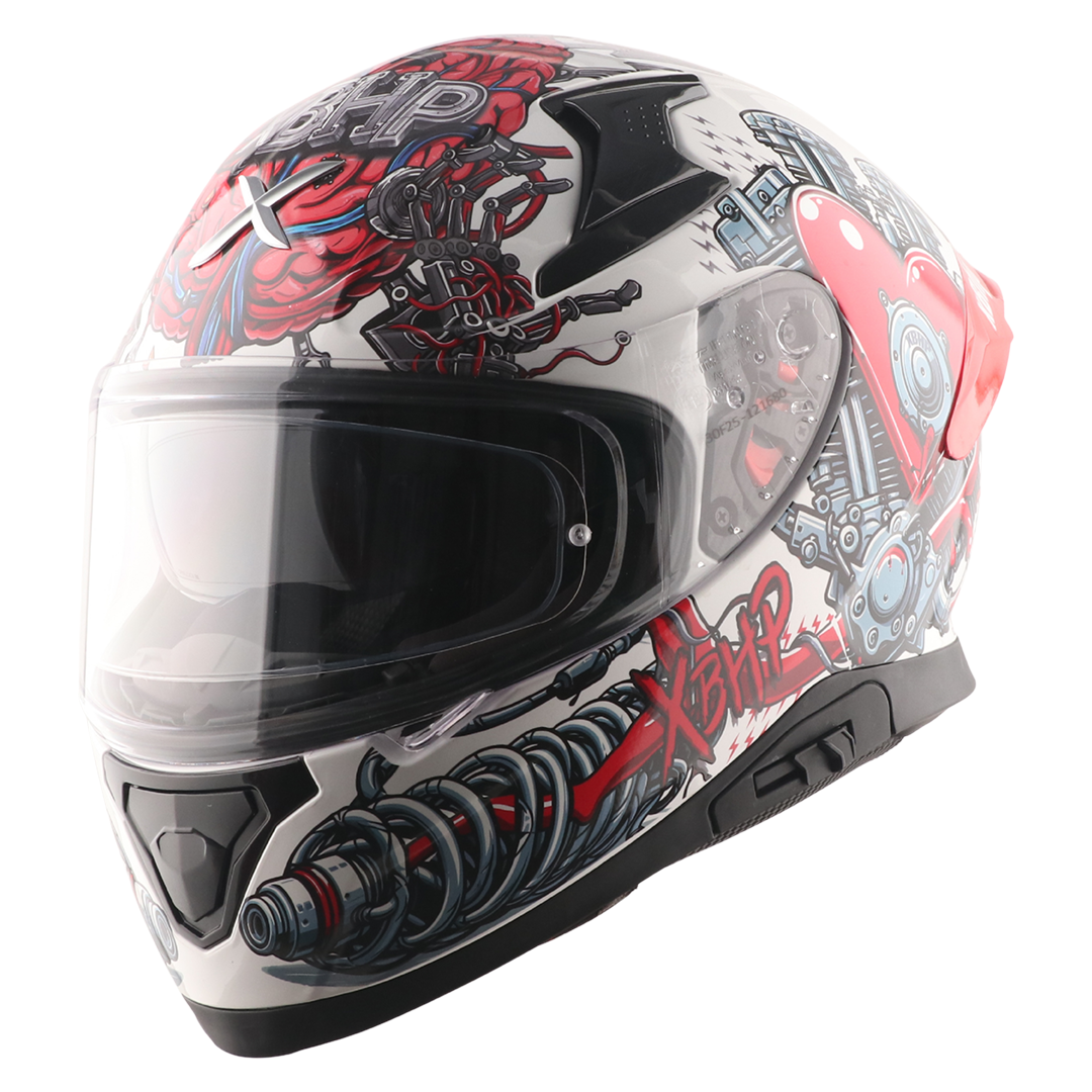 Motorcycle white black red full face helmet engine with heart blood vessel along suspension graphic