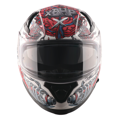 Motorcycle white black red full face helmet engine with heart blood vessel along suspension graphic