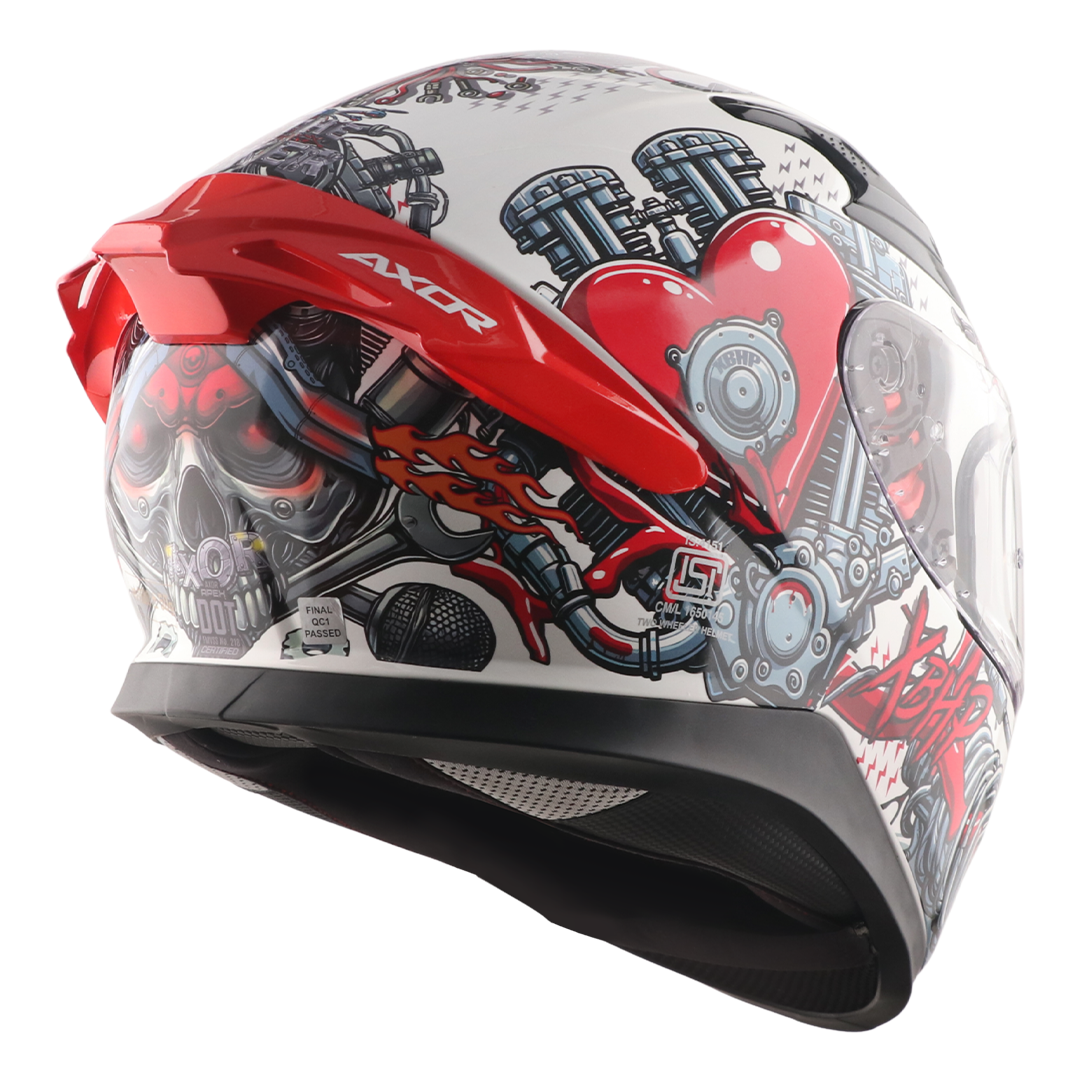 Motorcycle white black red full face helmet engine with heart blood vessel along suspension graphic