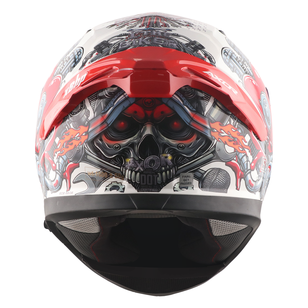 Motorcycle white black red full face helmet engine with heart blood vessel along suspension graphic