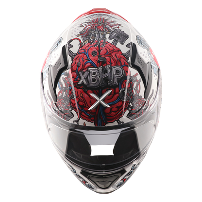 Motorcycle white black red full face helmet engine with heart blood vessel along suspension graphic