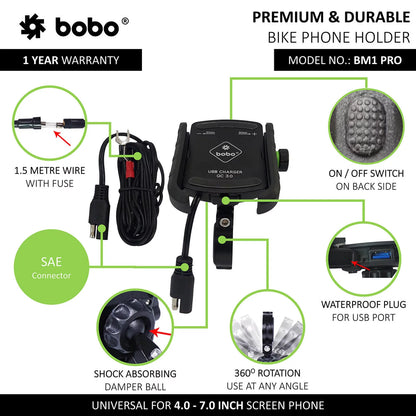 BOBO BM1 PRO Jaw-Grip Bike Phone Holder (with fast USB 3.0 charger, SAE connector & Fast USB Cable) Motorcycle Mobile Mount