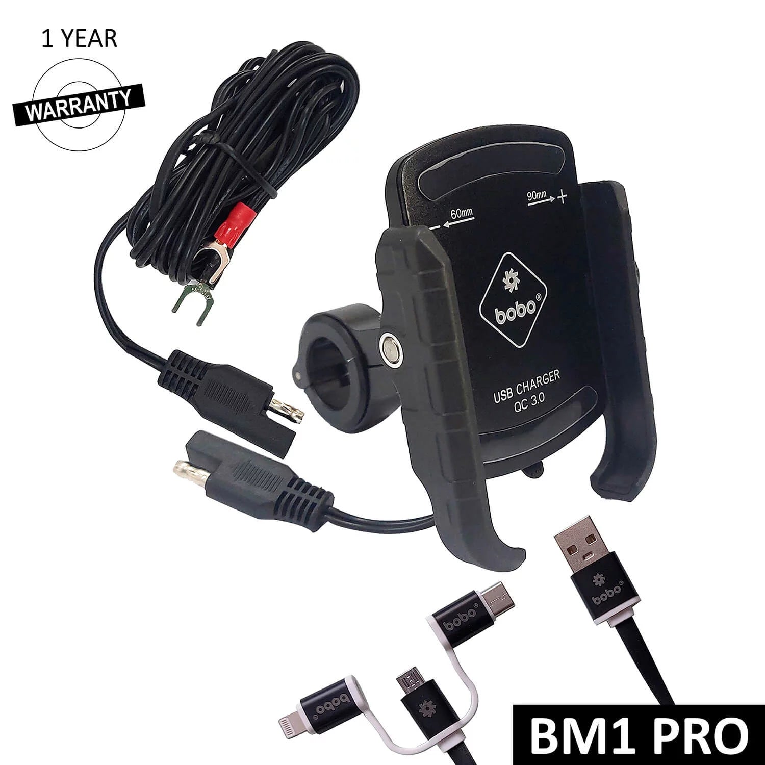 BOBO BM1 PRO Jaw-Grip Bike Phone Holder (with fast USB 3.0 charger, SAE connector & Fast USB Cable) Motorcycle Mobile Mount - Motogear Performance