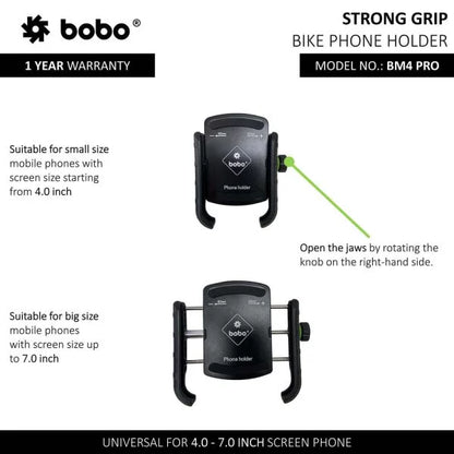 BOBO BM4 PRO Jaw-Grip with Vibration Contoller Waterproof Bike/Motorcycle/Scooter Mobile Phone Holder Mount, Ideal for Maps and GPS Navigation (Black)