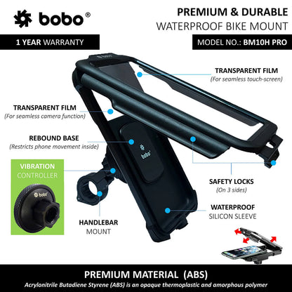 BOBO BM10H PRO Handlebar Mount with Vibration Controller, Fully Waterproof Bike/Motorcycle/Scooter Mobile Phone Holder Mount, Ideal for Maps and GPS Navigation (Black)