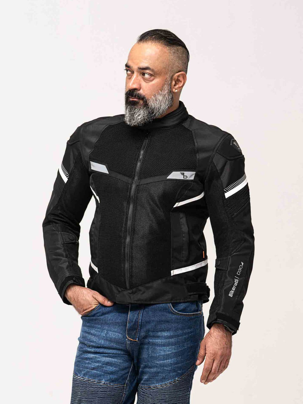 Motorcycle riding mesh armoured jacket D3O black with white stripes