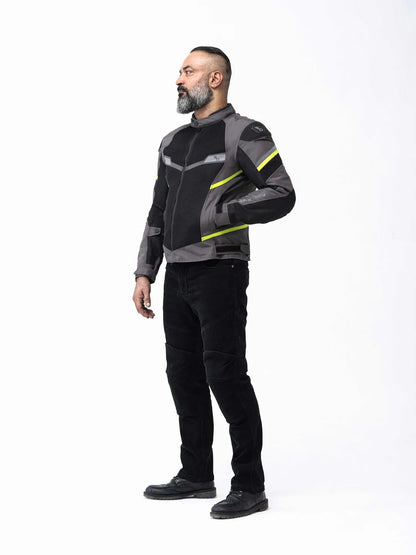 Motorcycle riding mesh armoured jacket D3O black with grey, neon stripes