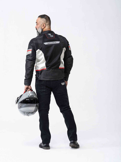 Motorcycle riding mesh armoured jacket D3O black with white, red stripes