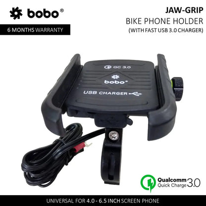 BOBO BM1 Jaw-Grip Waterproof Bike/Motorcycle/Scooter Mobile Phone Holder Mount with Fast USB 3.0 Charger, Ideal for Maps and GPS Navigation (Black)
