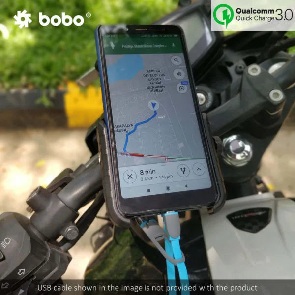 BOBO BM1 Jaw-Grip Waterproof Bike/Motorcycle/Scooter Mobile Phone Holder Mount with Fast USB 3.0 Charger, Ideal for Maps and GPS Navigation (Black) - Motogear Performance