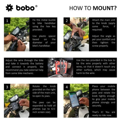 BOBO BM1 Jaw-Grip Waterproof Bike/Motorcycle/Scooter Mobile Phone Holder Mount with Fast USB 3.0 Charger, Ideal for Maps and GPS Navigation (Black) - Motogear Performance