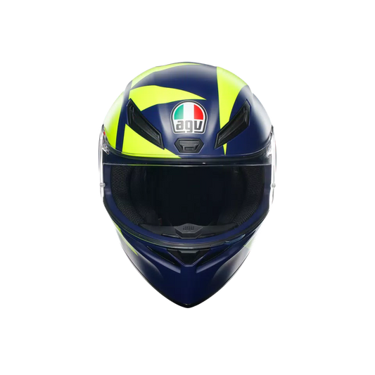 Motorcycle full face sports helmet blue with hi-vis green 