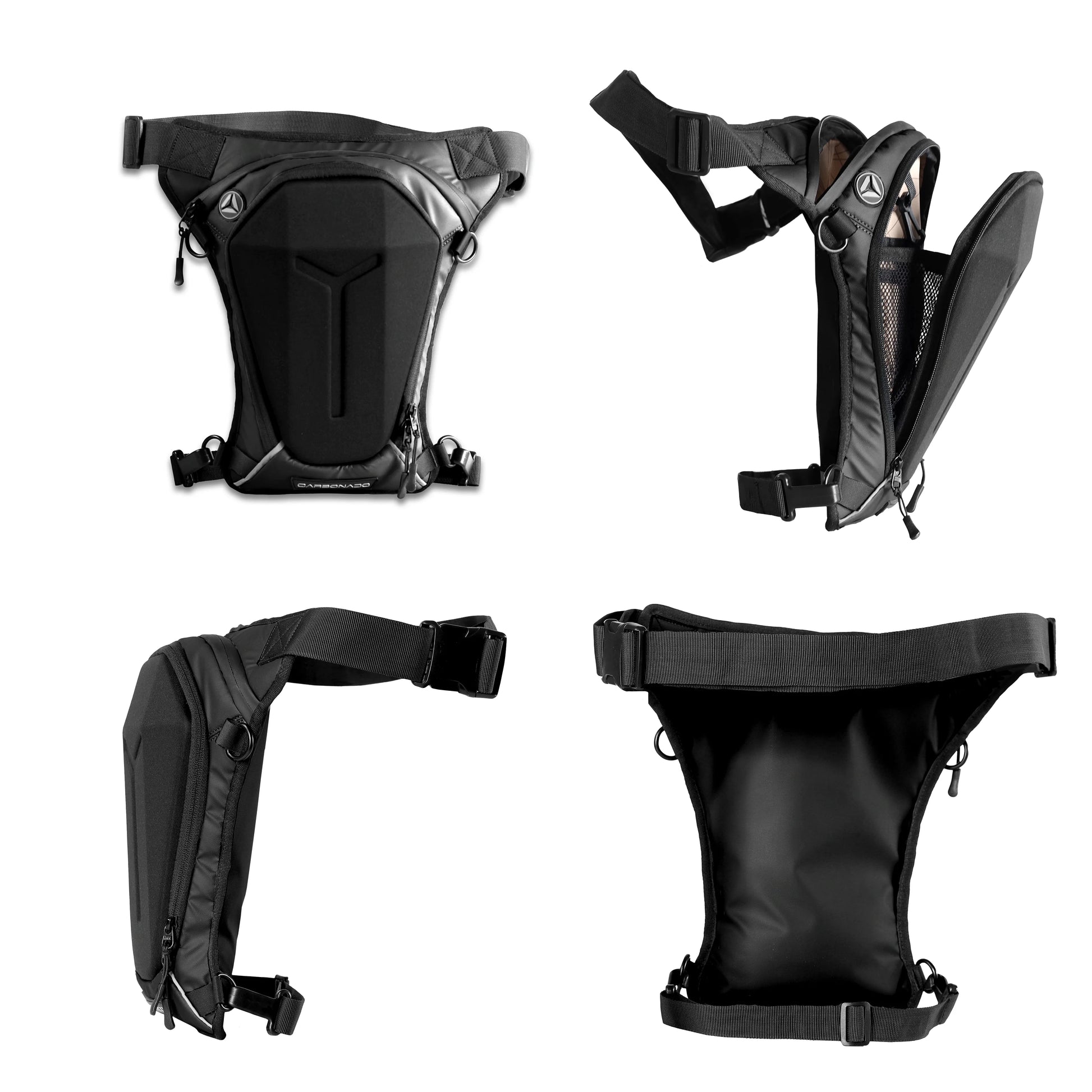Motorcycle riding thigh bag black with headphone cable hole and multi-compartment 