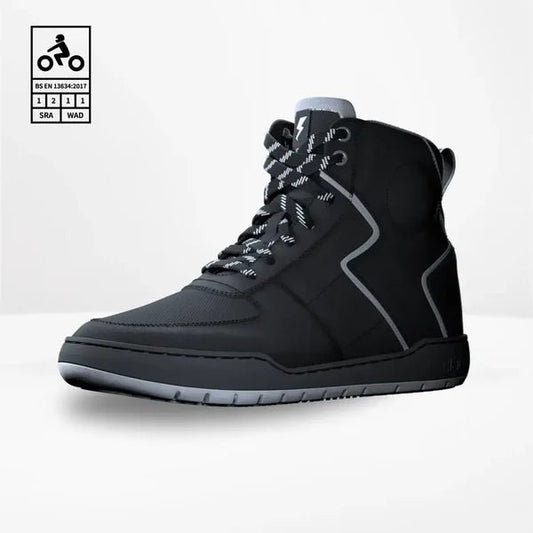 Motorcycle riding sneaker style boots for urban riding with protection and comfort black with grey 