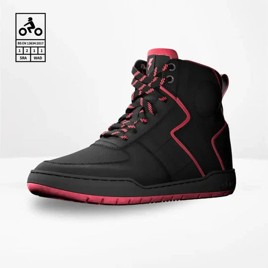 Motorcycle riding sneaker style boots for urban riding with protection and comfort black with red
