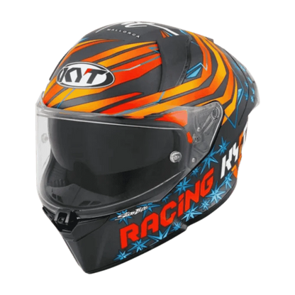 Motorcycle orange red and blue racing graphic with black base helmet