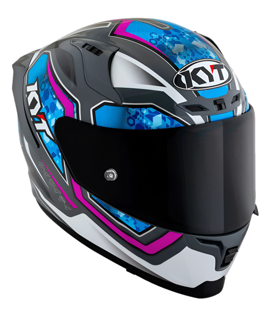 Motorcycle full face helmet grey with purple geometric graphic with light blue small geometric graphic
