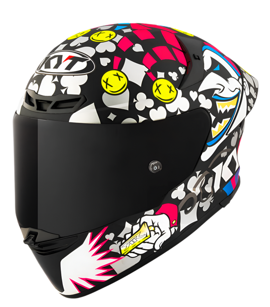 Motorcycle full face helmet with joker and related multicolour joker graphics