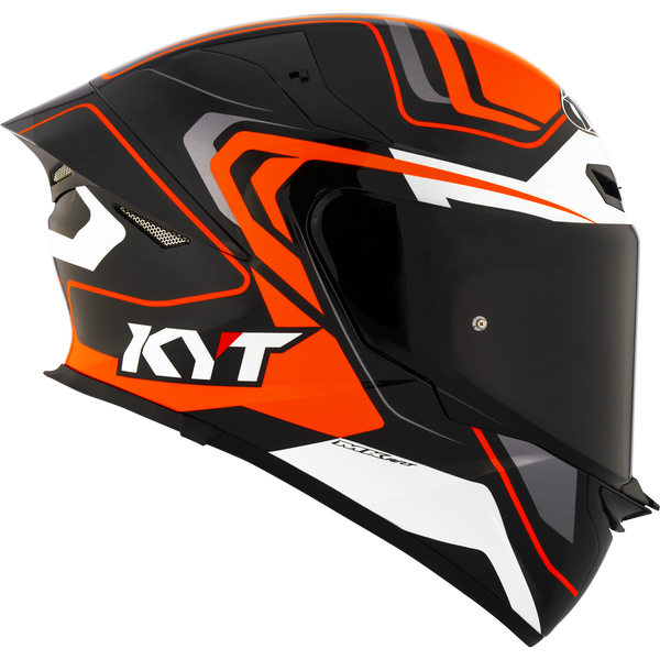 Motorcycle full face helmet black orange white geometric design - wide visor view