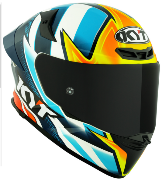 Motorcycle full face helmet blue white red orange geometric pattern graphic 