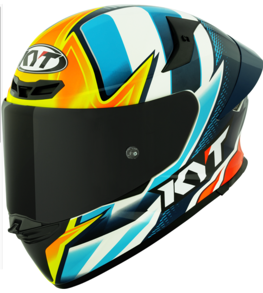 Motorcycle full face helmet blue white red orange geometric pattern graphic 