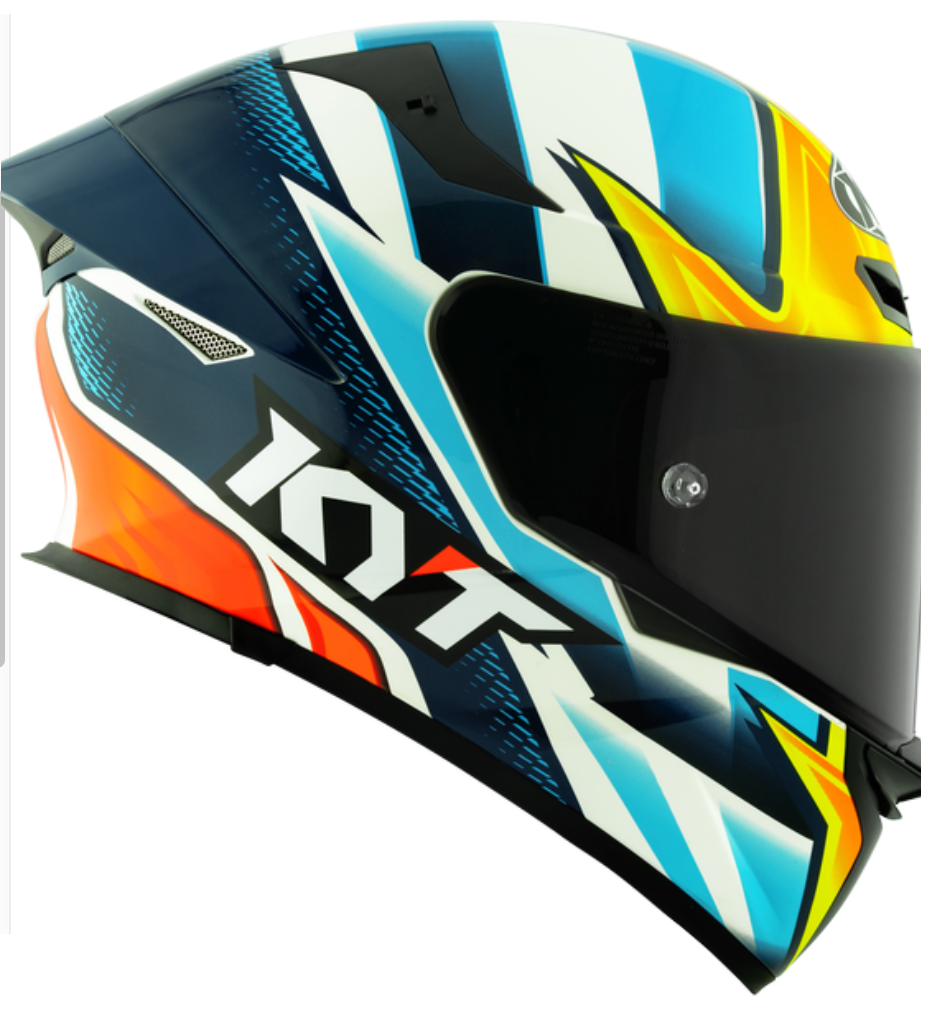 Motorcycle full face helmet blue white red orange geometric pattern graphic 