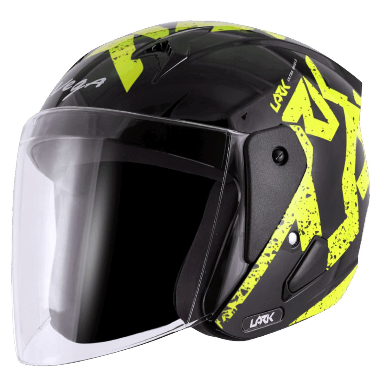scooter/motorcycle open face helmet black with green text graphics