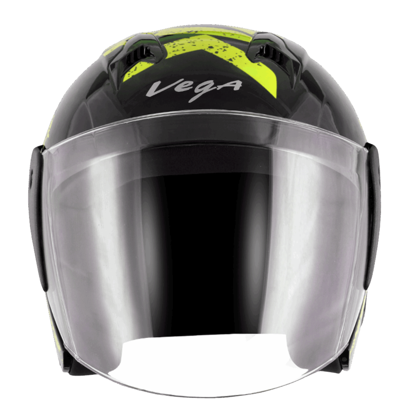 scooter/motorcycle open face helmet black with green text graphics