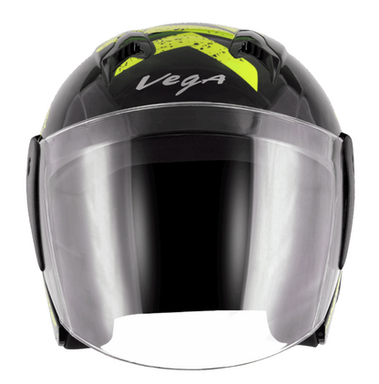 scooter/motorcycle open face helmet black with green text graphics