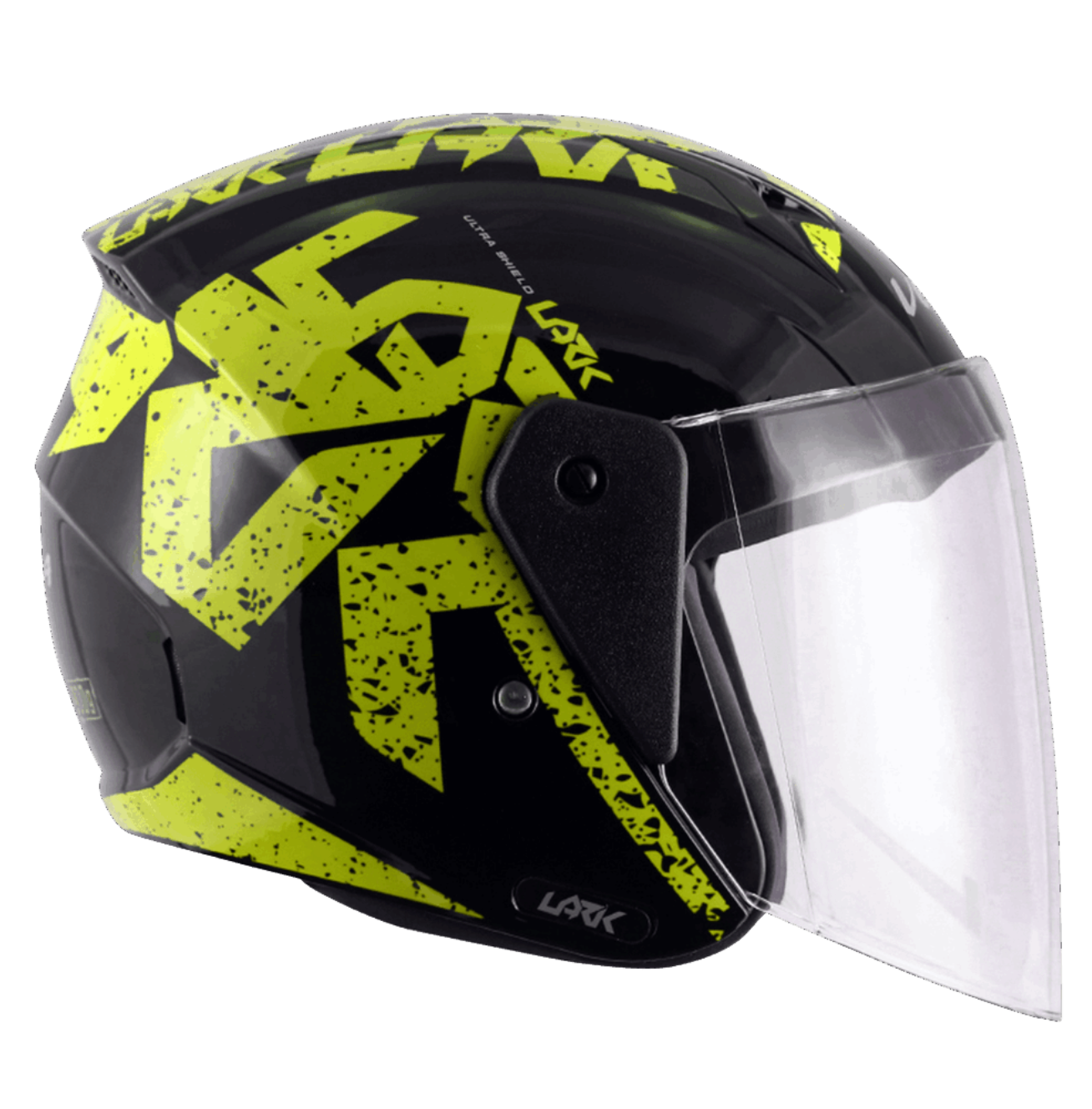 scooter/motorcycle open face helmet black with green text graphics