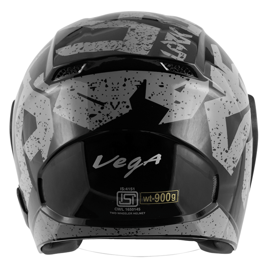 scooter/motorcycle open face helmet black with grey text graphics