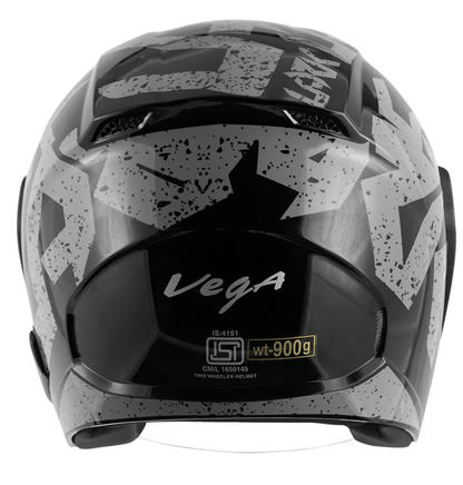 scooter/motorcycle open face helmet black with grey text graphics