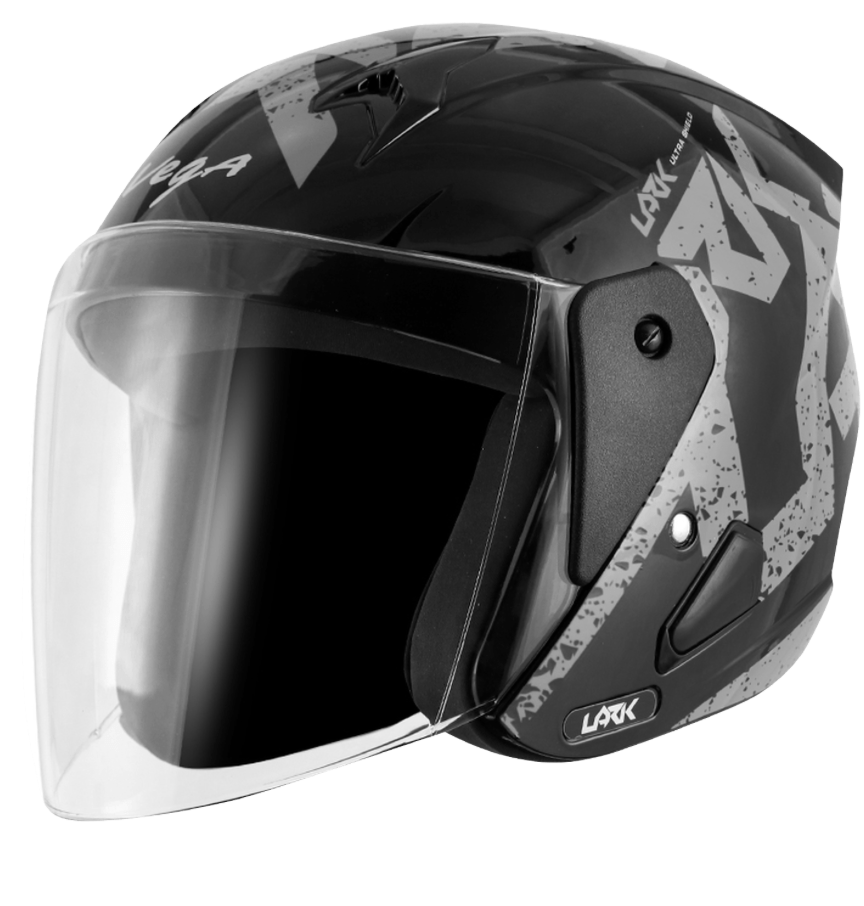 scooter/motorcycle open face helmet black with grey text graphics