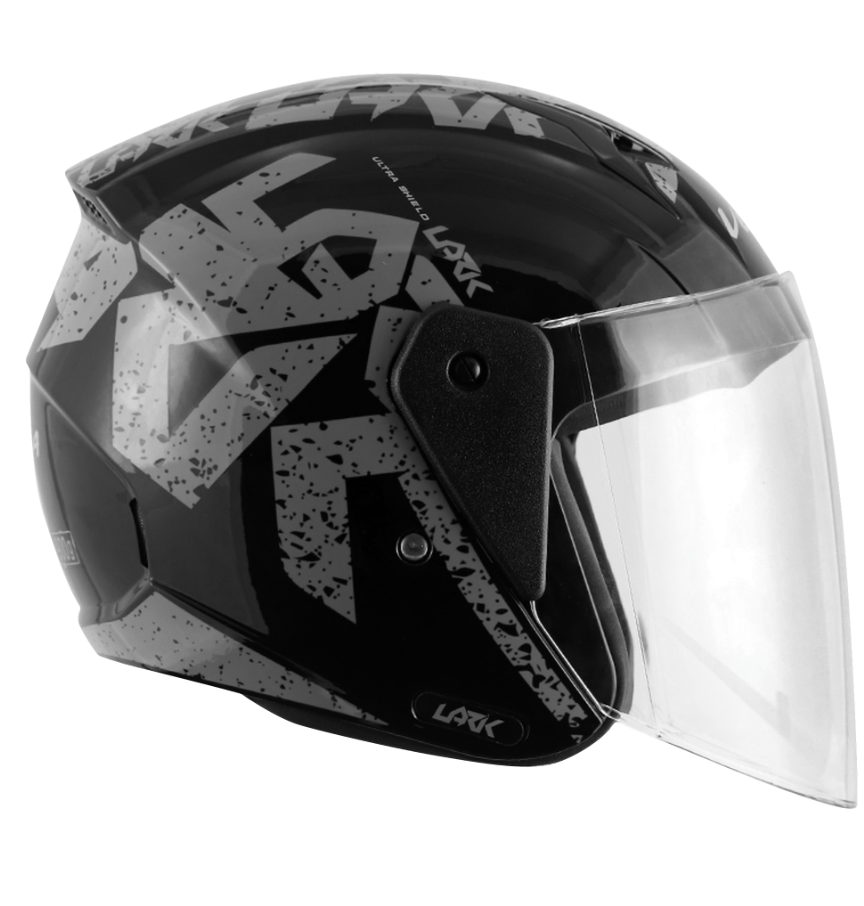 scooter/motorcycle open face helmet black with grey text graphics